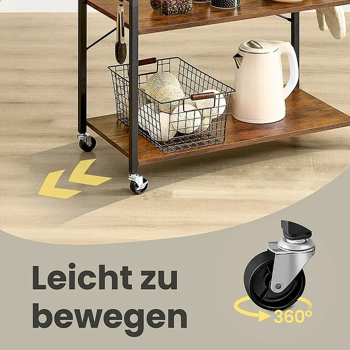 Servierwagen - L x B x H: 40 x 60 x 89 cm, Schwarz/Braun - Mobiler Küchenwagen mit braunen Holzablagen und schwarzem Metallrahmen, ausgestattet mit 360-Grad-Lenkrollen.
