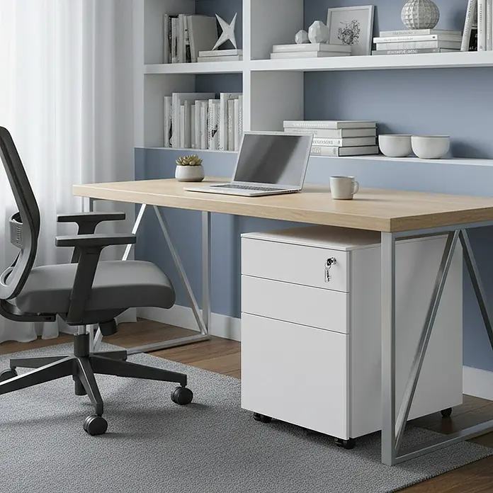 Rollcontainer - L x B x H: 45 x 39 x 54 cm, Weiß, Anzahl Schubladen: 3 Stk. - Weißer Rollcontainer mit drei Schubladen und Schlüsseln, unter einem hellen Holzschreibtisch platziert.