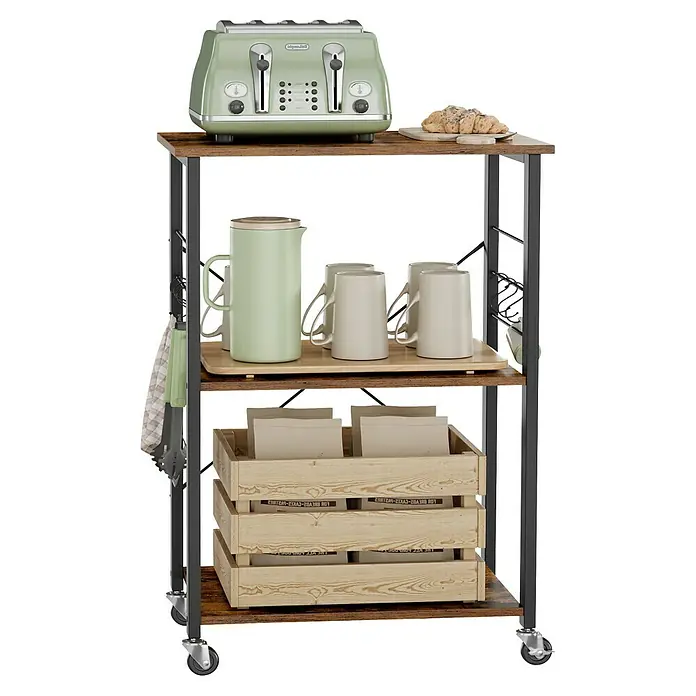 Servierwagen - L x B x H: 40 x 60 x 89 cm, Schwarz/Braun - Ein dreistöckiger Küchenwagen mit hellgrünem Toaster, Kanne, Tassen und Holzkisten mit Beuteln, alles auf dunklen Holzregalen mit Metallrahmen.