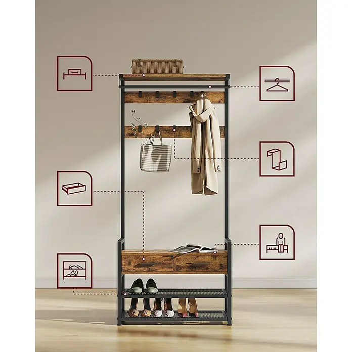Garderoben-Set mit Sitzbank, Schubladen & Schuhablage - L x B x H: 30 x 80 x 181,4 cm, Braun/Schwarz - Garderobenständer aus rustikalem Holz und schwarzem Metall mit Ablage, Haken, Bank mit Schubladen und zwei Schuhregalen.