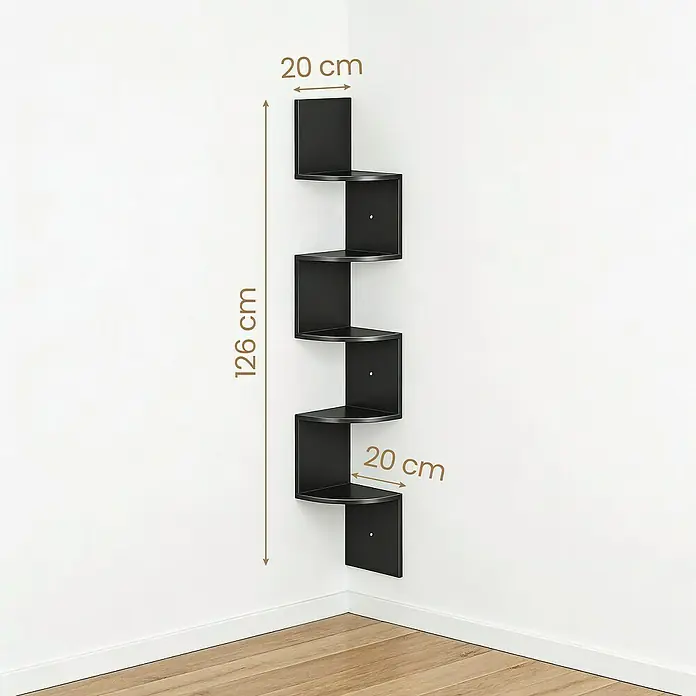 Eckregal - H x B x T: 126 x 20 x 20 cm, Schwarz - Schwarzes Zickzack-Eckregal, 126 cm hoch und 20 cm tief, mit fünf Ablageebenen.