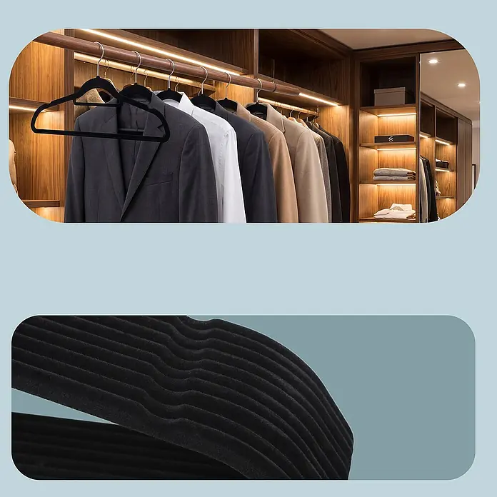 Kleiderbügel Samt - Schwarz, 50 Stk., Samtoberfläche - Schwarze Samtkleiderbügel in einem Schrank, einige halten Anzüge und Hemden, mit einer Nahaufnahme ihrer rutschfesten Textur.