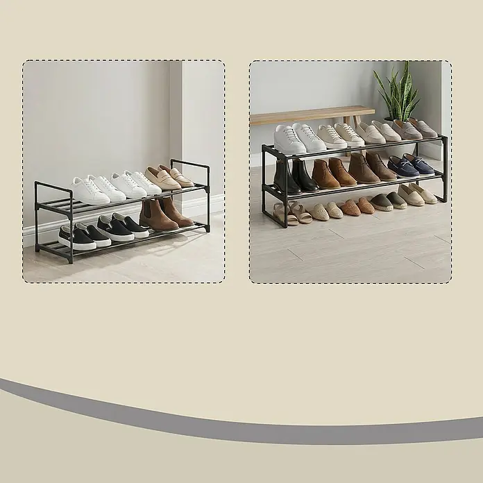 Schuhregal - L x B x H: 30 x 92 x 37 cm, Schwarz/Braun - Zwei schwarze Metall-Schuhregale mit verschiedenen Schuhen in einem Raum.