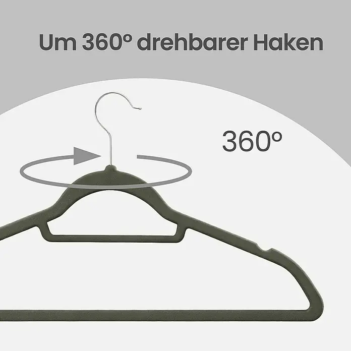 Kleiderbügel Samt - Grau, 20 Stk., Samtoberfläche - Dunkelgrauer Samtkleiderbügel mit einem silbernen, um 360 Grad drehbaren Haken.