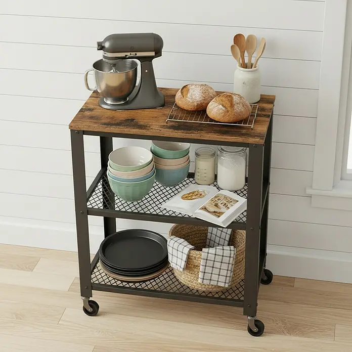 Servierwagen - L x B x H: 40 x 60,6 x 78 cm, Schwarz/Braun - Industrieller Küchenwagen mit dunkler Holzplatte und schwarzem Metallrahmen, auf Rollen, präsentiert Backutensilien.