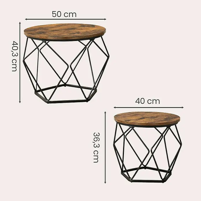 Couchtisch Set - Schwarz/Braun, 2 -tlg. - Set aus 2 Beistelltischen mit runden, rustikalbraunen Platten und schwarzen, geometrischen Metallgestellen.