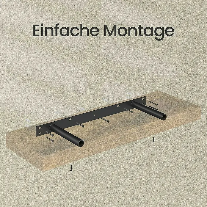 Wandboard - L x B x H: 20 mm x 60 cm x 3,8 cm, Braun - Schwarze Metall-Regalhalterung für schwebende Regale, mit Holzbrett, Schrauben und Dübeln, zeigt einfache Montage.