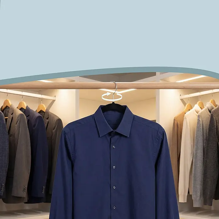 Kleiderbügel Samt - Schwarz, 50 Stk., Samtoberfläche - Navyblaues Hemd auf schwarzem Samtbügel mit drehbarem Haken, im Schrank hängend.