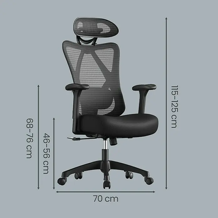 Bürostuhl mit Kopfstütze und Armlehne - Höhenverstellung: 114 cm - 123,5 cm, B x L: 66 x 68 cm, Schwarz - Schwarzer ergonomischer Bürostuhl mit Netzrückenlehne, verstellbarer Kopfstütze, Armlehnen und Sitzhöhe, mit Maßen.
