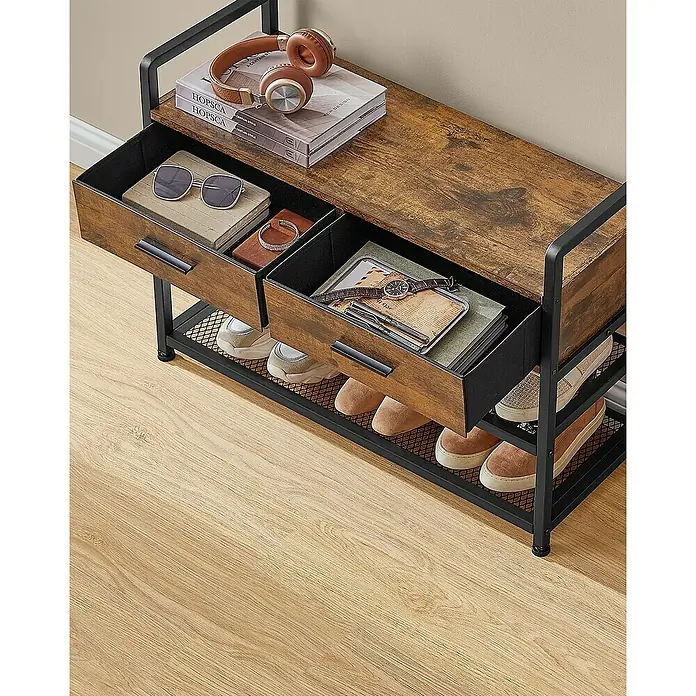 Garderoben-Set mit Sitzbank, Schubladen & Schuhablage - L x B x H: 30 x 80 x 181,4 cm, Braun/Schwarz - Rustikale braune Garderobenbank mit schwarzem Metallrahmen, zwei ausziehbaren Stoffschubladen und unteren Schuhablagen.