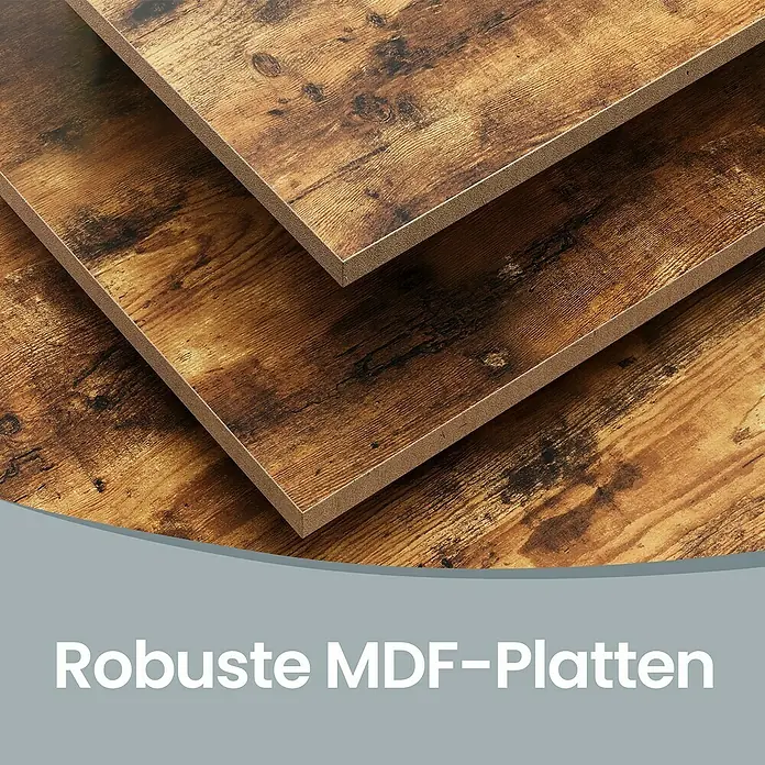 Metallregal - H x B x T: 150 x 75 x 30 cm, Traglast pro Boden: 130 kg, Anzahl Böden: 5 Stk., Stecken, Schwarz - Stapel robuster MDF-Platten in rustikaler Holzoptik, Material und Stärke zeigend.