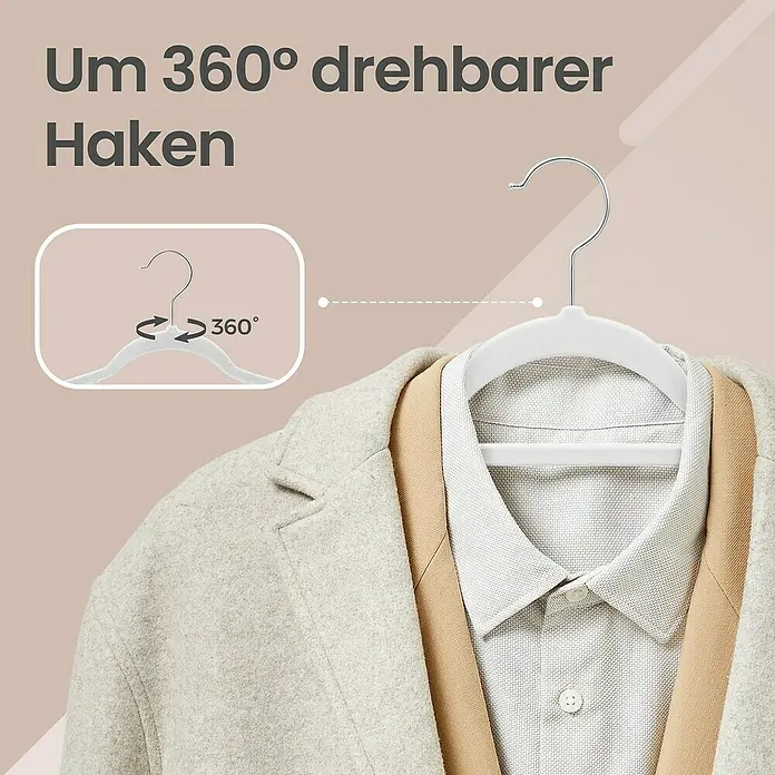 Kleiderbügel Samt - Weiß, 50 Stk., Samtoberfläche - Weißer Samt-Kleiderbügel mit um 360° drehbarem Metallhaken, hält Jacke und Hemd.