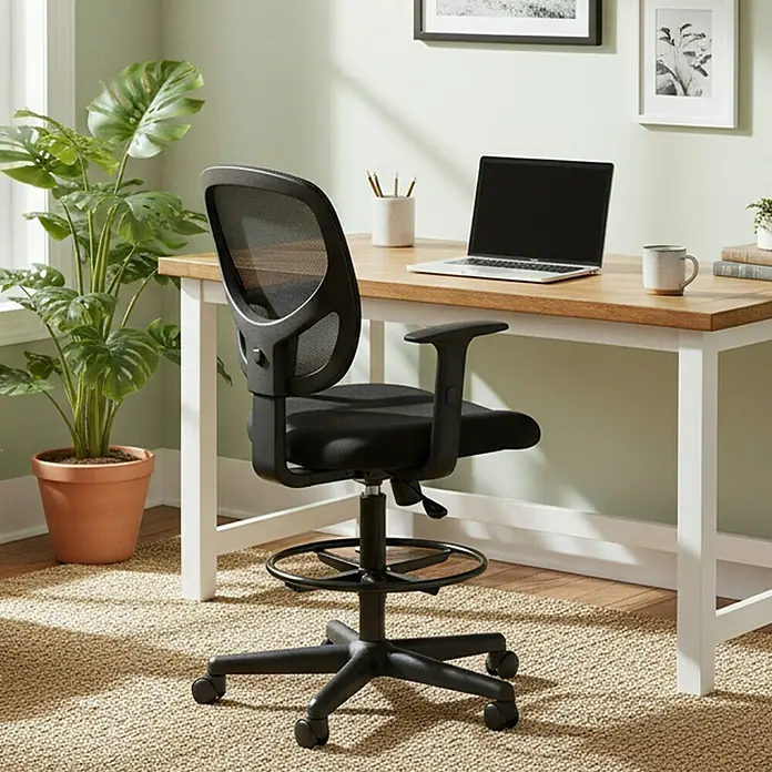 Bürostuhl mit Fußstütze und Armlehne - Höhenverstellung: 102 cm - 120 cm, B x L: 64 x 64 cm, Schwarz - Hoher schwarzer Bürostuhl mit Netzrücken, Stoffpolster, Armlehnen, Fußring und Rollen an einem Holzschreibtisch.
