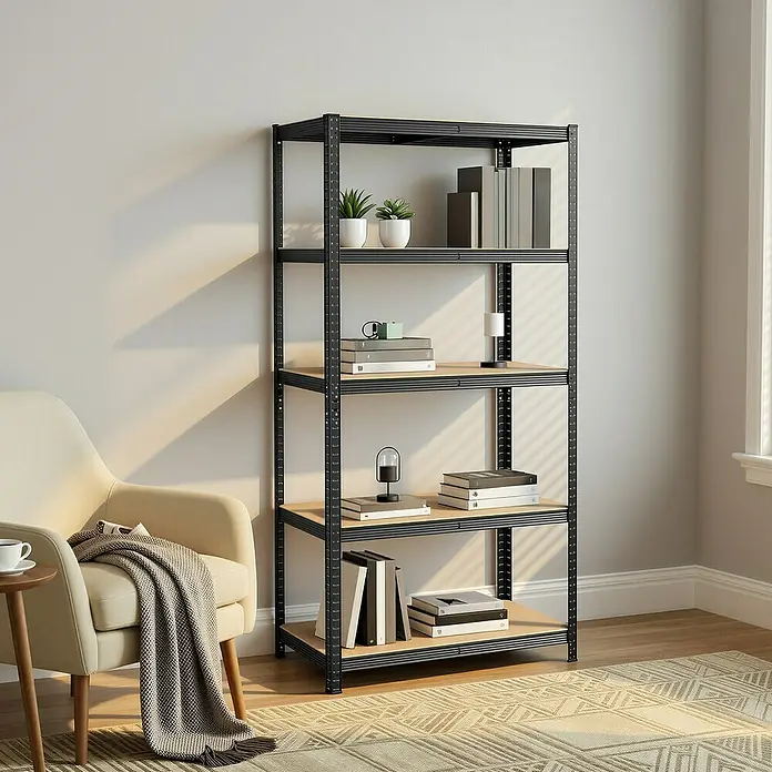 Metallregal - H x B x T: 200 x 100 x 50 cm, Traglast pro Boden: 120 kg, Anzahl Böden: 5 Stk., Stecken, Schwarz - Fünfstöckiges schwarzes Metallregal mit hellen Holzablagen, Bücher und Pflanzen ausstellend, in einem gemütlichen Raum neben einem Sessel.