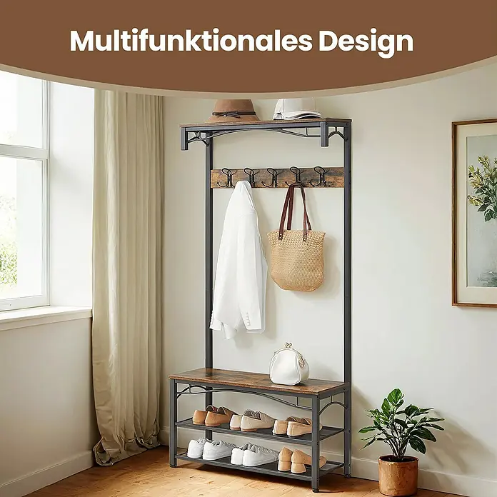 Garderoben-Set mit Sitzbank & Schuhablage - L x B x H: 32 x 80 x 178,5 cm, Braun/Schwarz - Industrieller Garderobenständer mit dunklem Metallgestell, rustikaler Holzbank, Schuhregal und Kleiderhaken.