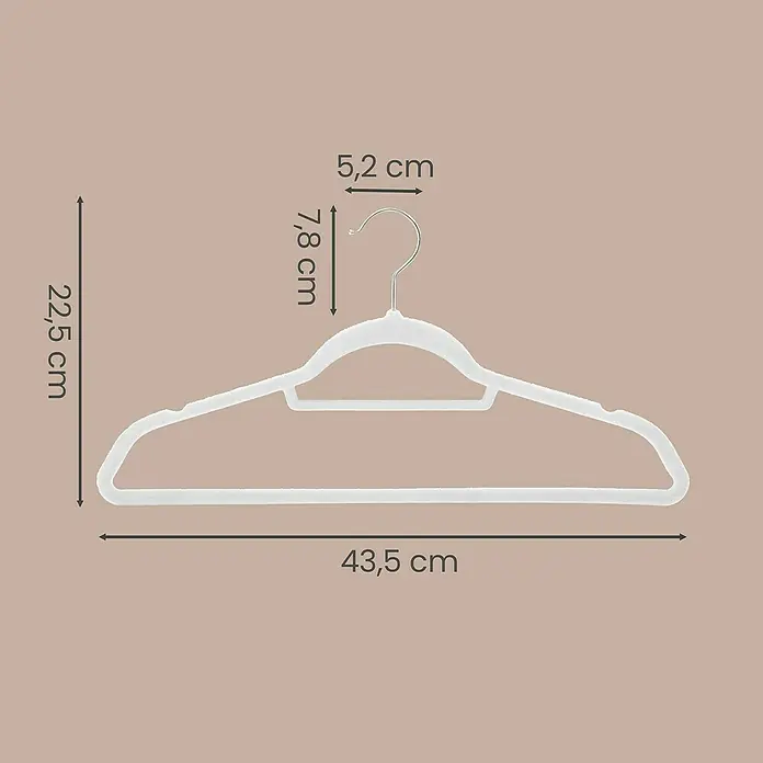Kleiderbügel Samt - Weiß, 50 Stk., Samtoberfläche - Weißer Samt-Kleiderbügel mit Metallhaken, Maße: 43,5 cm breit, 22,5 cm hoch, Haken 7,8 cm hoch, 5,2 cm breit.