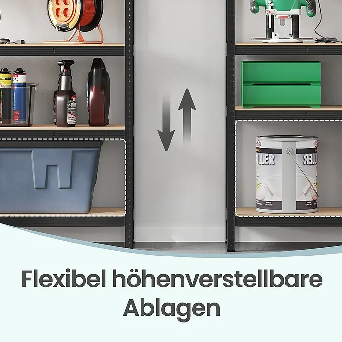 Metallregal - H x B x T: 200 x 120 x 60 cm, Traglast pro Boden: 150 kg, Anzahl Böden: 5 Stk., Stecken, Schwarz - Schwarzes Metallregal mit höhenverstellbaren Holzablagen, beladen mit verschiedenen Gegenständen.