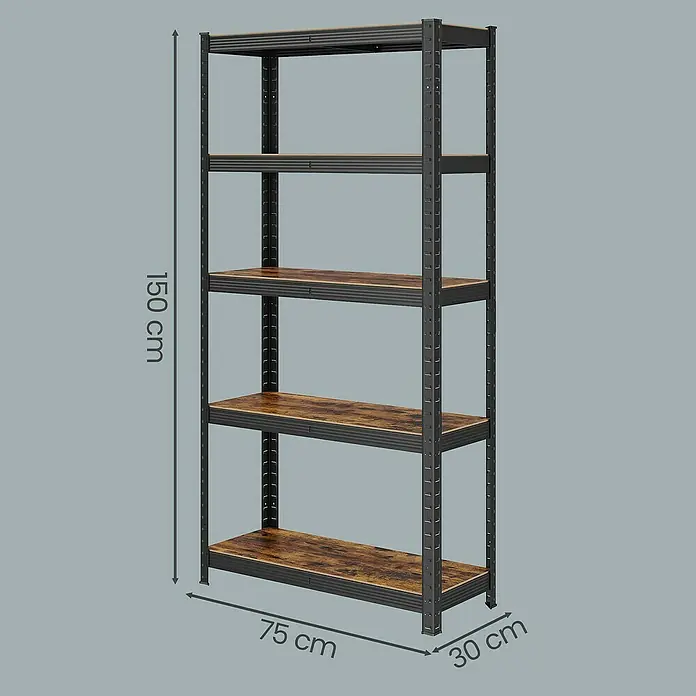 Metallregal - H x B x T: 150 x 75 x 30 cm, Traglast pro Boden: 130 kg, Anzahl Böden: 5 Stk., Stecken, Schwarz - Fünfregaliges Lagerregal mit schwarzem Metallrahmen und rustikalen Holzoptikböden, 150x75x30 cm.