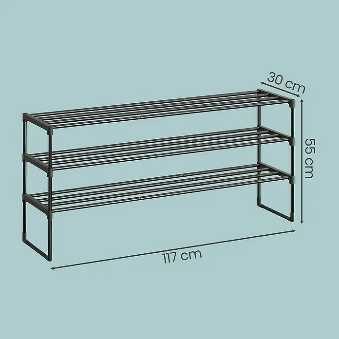 Schuhregal - L x B x H: 30 x 116 x 55 cm, Schwarz/Braun - Schwarzes dreistufiges Schuhregal. Maße: 117 cm Länge, 55 cm Höhe, 30 cm Tiefe.