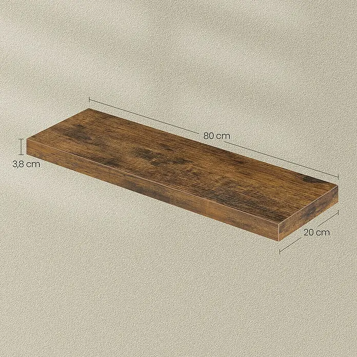 Wandboard - L x B x H: 20 mm x 80 cm x 3,8 cm, Braun - Ein industrielles braunes schwimmendes Wandregal aus Holz, 80 cm lang, 20 cm breit, 3,8 cm dick.