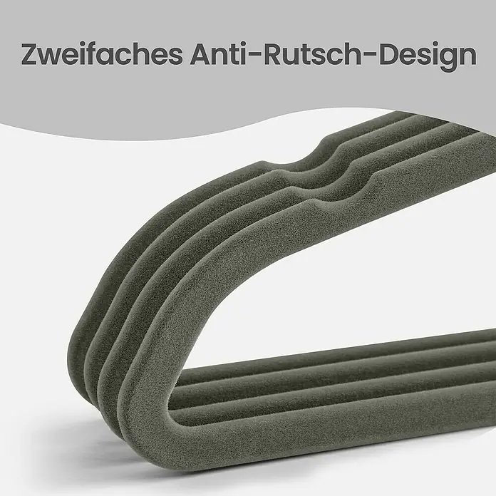 Kleiderbügel Samt - Grau, 20 Stk., Samtoberfläche - Graue beflockte Kleiderbügel mit doppeltem Anti-Rutsch-Design.