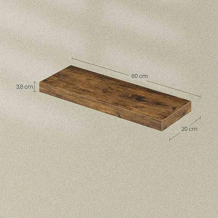 Wandboard - L x B x H: 20 mm x 60 cm x 3,8 cm, Braun - Rustikales dunkelbraunes schwebendes Wandregal aus Holz, 60 cm lang, 20 cm breit, 3,8 cm dick.