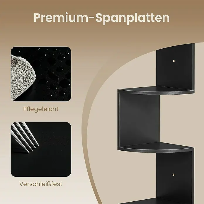 Eckregal - H x B x T: 126 x 20 x 20 cm, Schwarz - Schwarzes Eckregal aus Premium-Spanplatten, mit Einsätzen zur Veranschaulichung seiner pflegeleichten und verschleißfesten Eigenschaften.