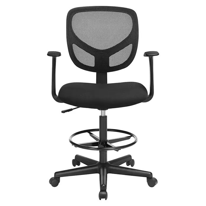Bürostuhl mit Fußstütze und Armlehne - Höhenverstellung: 102 cm - 120 cm, B x L: 64 x 64 cm, Schwarz - Schwarzer Stehhocker mit Netzrückenlehne, Stoffbezug, verstellbarem Fußring und Rollenfuß.