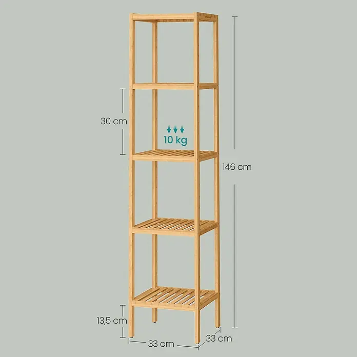 Holzregal - H x B x T: 146 x 33 x 33 cm, Traglast pro Boden: 10 kg, Anzahl Böden: 5 Stk., Braun - Hohes 5-stöckiges Bambusregal mit Lattenböden, 146 cm hoch, 33x33 cm, 10 kg Traglast pro Boden.