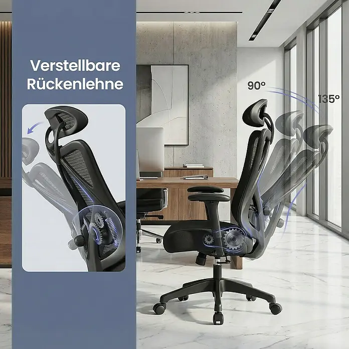 Bürostuhl mit Kopfstütze und Armlehne - Höhenverstellung: 114 cm - 123,5 cm, B x L: 66 x 68 cm, Schwarz - Schwarzer ergonomischer Bürostuhl aus Meshgewebe, der seine verstellbare Rückenlehne von 90° bis 135° in einem modernen Büro zeigt.