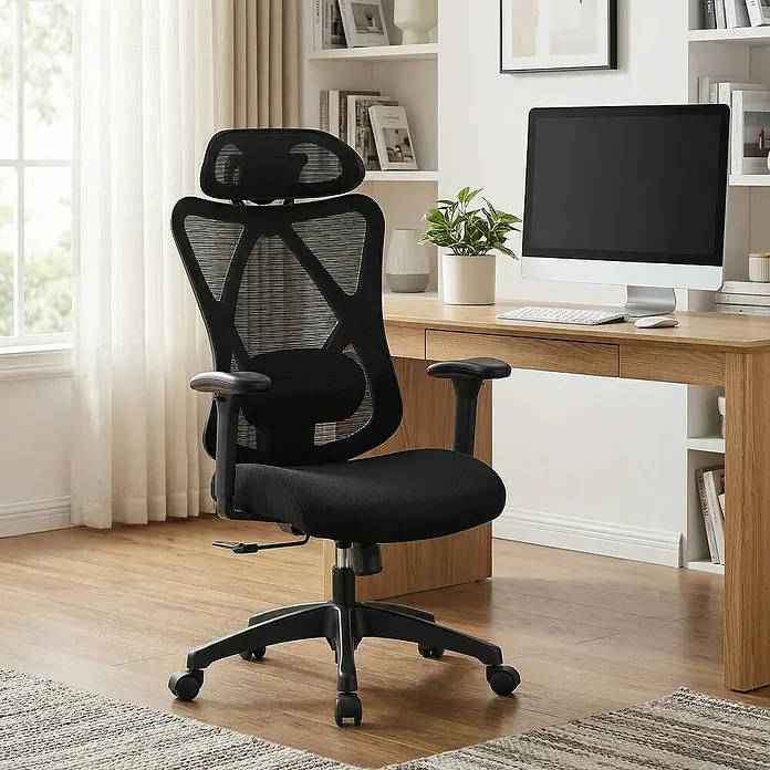 Bürostuhl mit Kopfstütze und Armlehne - Höhenverstellung: 114 cm - 123,5 cm, B x L: 66 x 68 cm, Schwarz - Schwarzer ergonomischer Bürostuhl mit Netzrücken und Kopfstütze, gepolstertem Sitz und Armlehnen, in einem Heimbüro.