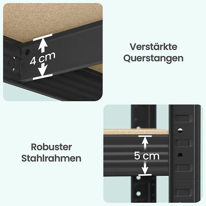 Metallregal - H x B x T: 200 x 120 x 60 cm, Traglast pro Boden: 150 kg, Anzahl Böden: 5 Stk., Stecken, Schwarz - Schwarzes Metallregal mit 4 cm verstärkten Querstreben und 5 cm robustem Stahlrahmen für Holzböden.