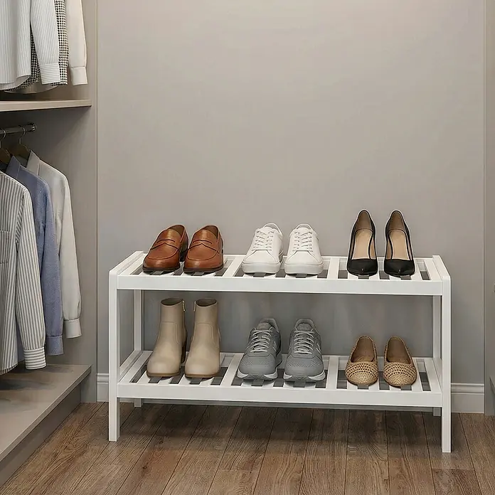 Schuhregal - L x B x H: 26 x 70 x 33 cm, Weiß - Weißes zweistöckiges Schuhregal aus Lamellen zur Organisation verschiedener Schuhpaare in einem Schrank.