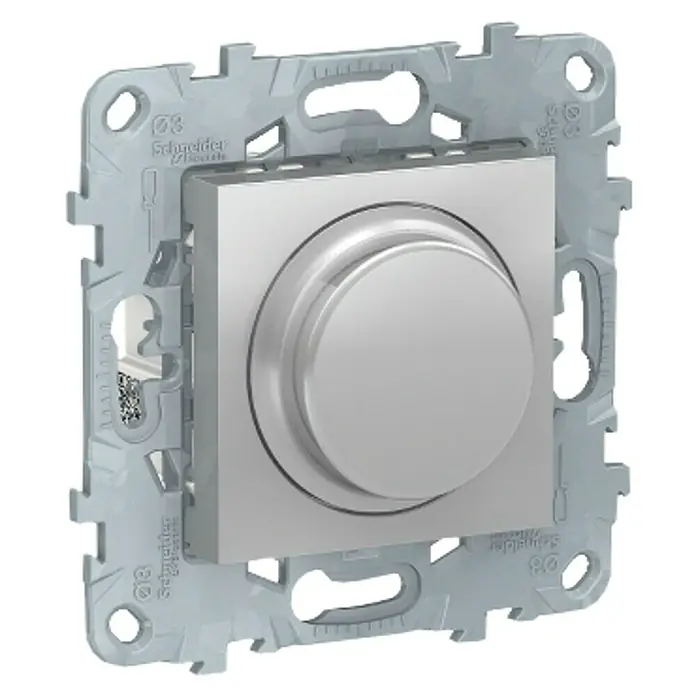 Schneider Electric New Unica Regulador luminoso - Aluminio, Plástico, Instalar - Primer plano de un regulador de intensidad plateado de Schneider Electric, que muestra un diseño moderno y funcional para el control de la luz.