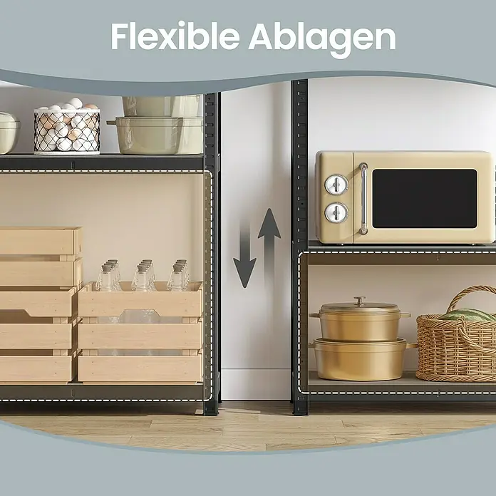 Metallregal - H x B x T: 150 x 75 x 30 cm, Traglast pro Boden: 130 kg, Anzahl Böden: 5 Stk., Stecken, Schwarz - Dunkle modulare Regaleinheiten mit verstellbaren hellen Holzoptik-Böden für vielseitige Küchenlagerung.