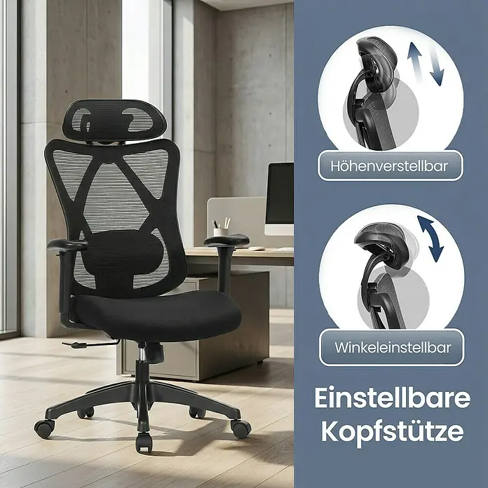 Bürostuhl mit Kopfstütze und Armlehne - Höhenverstellung: 114 cm - 123,5 cm, B x L: 66 x 68 cm, Schwarz - Schwarzer ergonomischer Bürostuhl mit Netzrückenlehne und verstellbarer Kopfstütze (Höhe und Winkel) im modernen Büro.