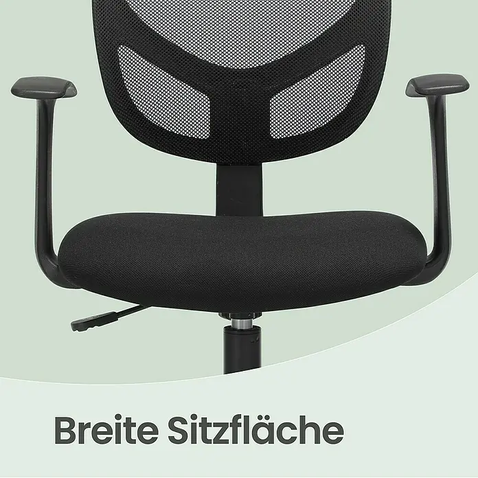 Bürostuhl mit Fußstütze und Armlehne - Höhenverstellung: 102 cm - 120 cm, B x L: 64 x 64 cm, Schwarz - Schwarzer Bürostuhl mit Netzlehne, Stoffsitz und Armlehnen, der die breite Sitzfläche hervorhebt.