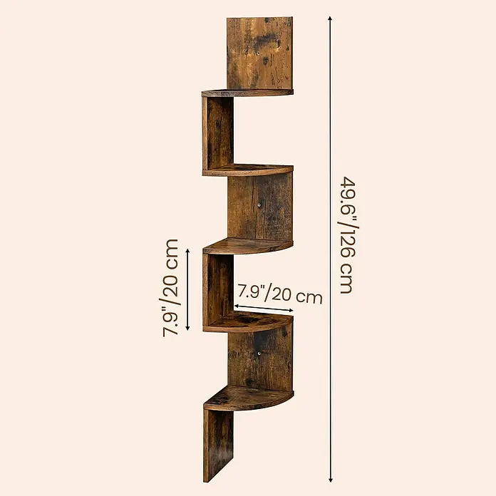 Eckregal - H x B x T: 126 x 20 x 20 cm, Braun - Rustikales braunes S-förmiges Eckwandregal, 126 cm hoch, Regalböden 20 cm breit.