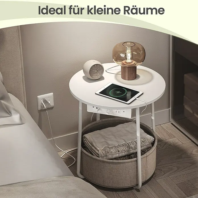 Beistelltisch mit Steckdose - Ø x H: 45 x 50 cm, Weiß - Weißer runder Nachttisch mit integrierter Steckdosenleiste zum Laden von Geräten.
