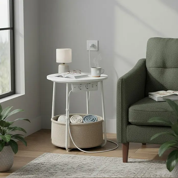 Beistelltisch mit Steckdose - Ø x H: 45 x 50 cm, Weiß - Weißer smarter Beistelltisch mit integriertem Strom & USB, Lampe, Buch und Tasse, neben grünem Sessel. Unten ist ein Korb.