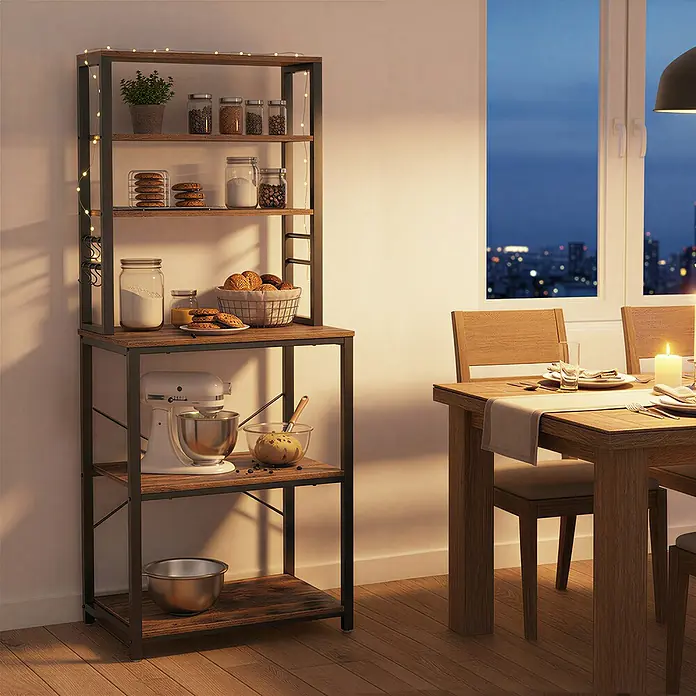 Stufenregal Küchenregal - H x B x T: 167 x 60 x 40 cm, Anzahl Böden: 5 Stk., Schwarz/Braun - Küchenregal aus braunem Holz und schwarzem Metall, gefüllt mit Küchenutensilien, beleuchtet mit Lichterkette, neben einem Esstisch.