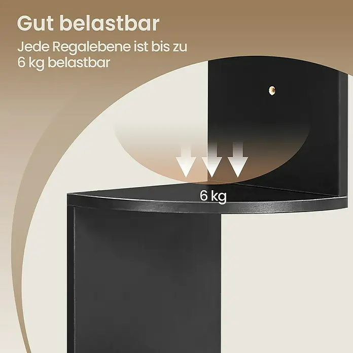 Eckregal - H x B x T: 126 x 20 x 20 cm, Schwarz - Schwarzes Eckregal mit Pfeilen, die eine Tragfähigkeit von 6 kg pro Ebene anzeigen.
