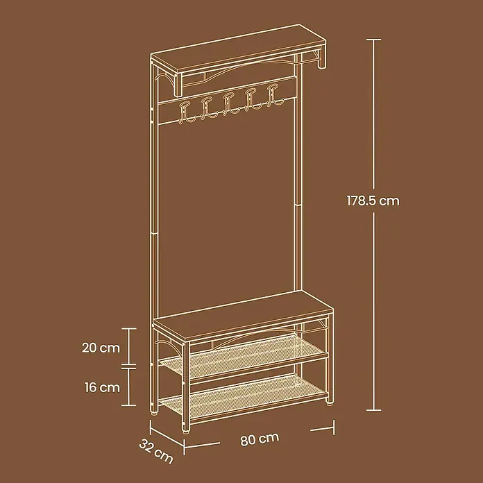 Garderoben-Set mit Sitzbank & Schuhablage - L x B x H: 32 x 80 x 178,5 cm, Braun/Schwarz - Garderobenständer aus Metall und Holz mit oberer Ablage, 7 Haken, einer Bank und zwei Schuhregalen aus Gitter.