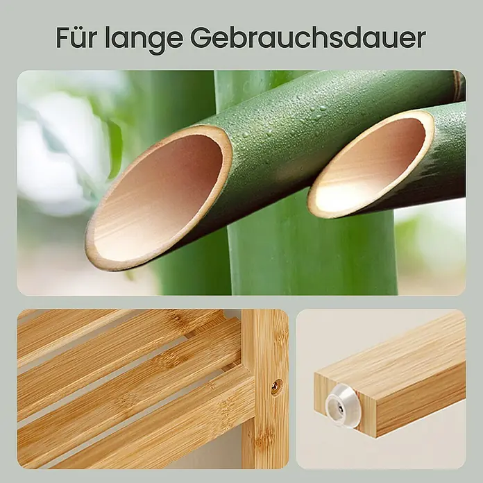 Holzregal - H x B x T: 146 x 33 x 33 cm, Traglast pro Boden: 10 kg, Anzahl Böden: 5 Stk., Braun - Langlebige Bambusregal-Details: natürliche Holzmaserung, robuste Bauweise und weiche Antirutschfüße für lange Nutzung.