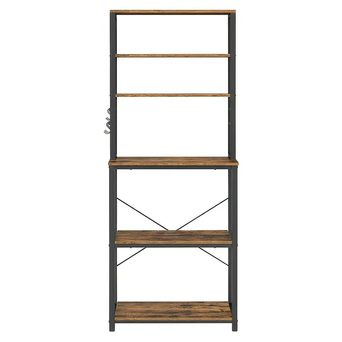 Stufenregal Küchenregal - H x B x T: 167 x 60 x 40 cm, Anzahl Böden: 5 Stk., Schwarz/Braun - Industrielles Regal mit dunklem Metallrahmen und rustikalen Holzablagen, mehrstufig und mit Seitenhaken.