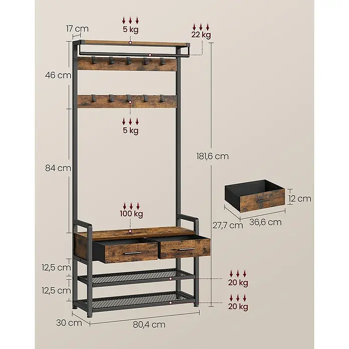 Garderoben-Set mit Sitzbank, Schubladen & Schuhablage - L x B x H: 30 x 80 x 181,4 cm, Braun/Schwarz - Garderobenständer aus rustikalbraunem Holz und schwarzem Metall mit Ablage, Haken, Bank mit Schubladen und zwei Schuhablagen.