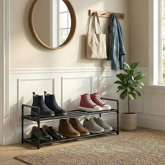 Schuhregal - L x B x H: 30 x 92 x 37 cm, Schwarz/Braun - Zweistöckiges Schuhregal aus schwarzem Metall mit verschiedenen Schuhen in einem Flur.