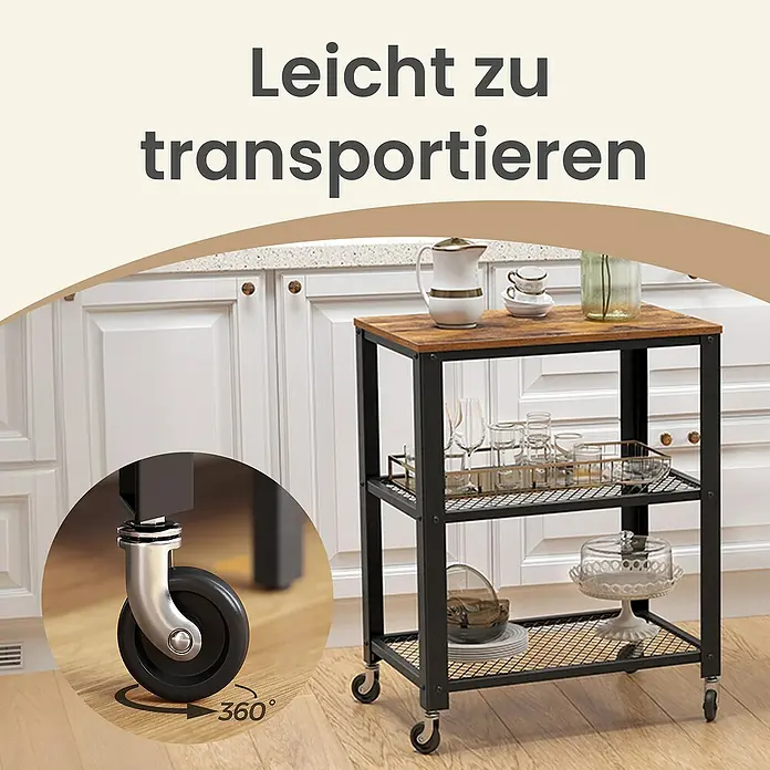 Servierwagen - L x B x H: 40 x 60,6 x 78 cm, Schwarz/Braun - Ein brauner Holz- und schwarzer Metallküchenwagen mit Gitterböden und 360-Grad-Lenkrollen, in einer Küche stehend.