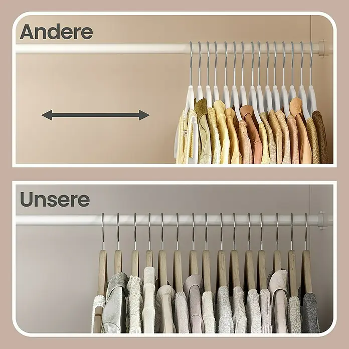 Kleiderbügel Samt - Weiß, 50 Stk., Samtoberfläche - Oben: Sperrige weiße Kleiderbügel. Unten: Schlanke Holzbügel, die Platz im Schrank sparen, sodass mehr Kleidung passt.