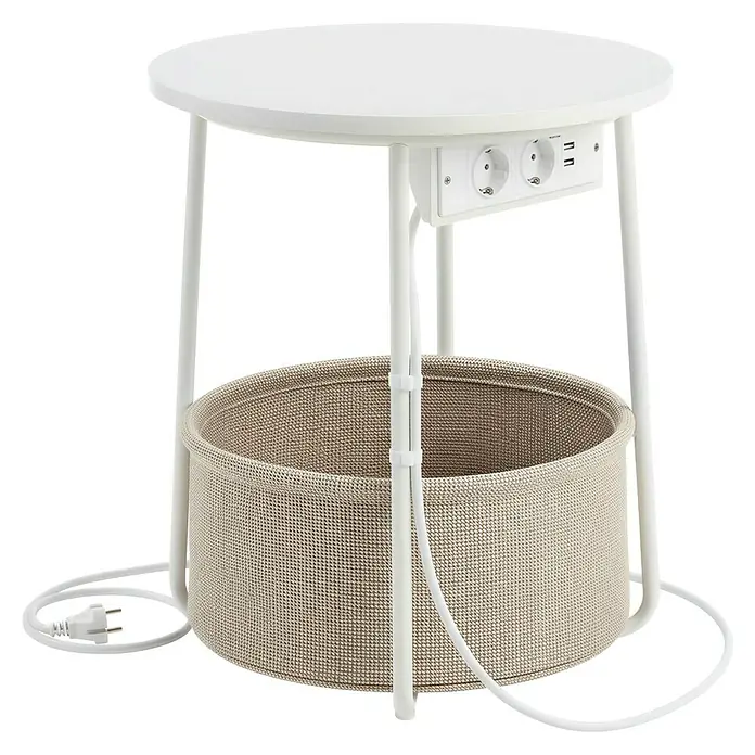 Beistelltisch mit Steckdose - Ø x H: 45 x 50 cm, Weiß - Weißer runder Beistelltisch mit integrierten Steckdosen und beigem Stoffkorb. Inklusive Netzkabel.